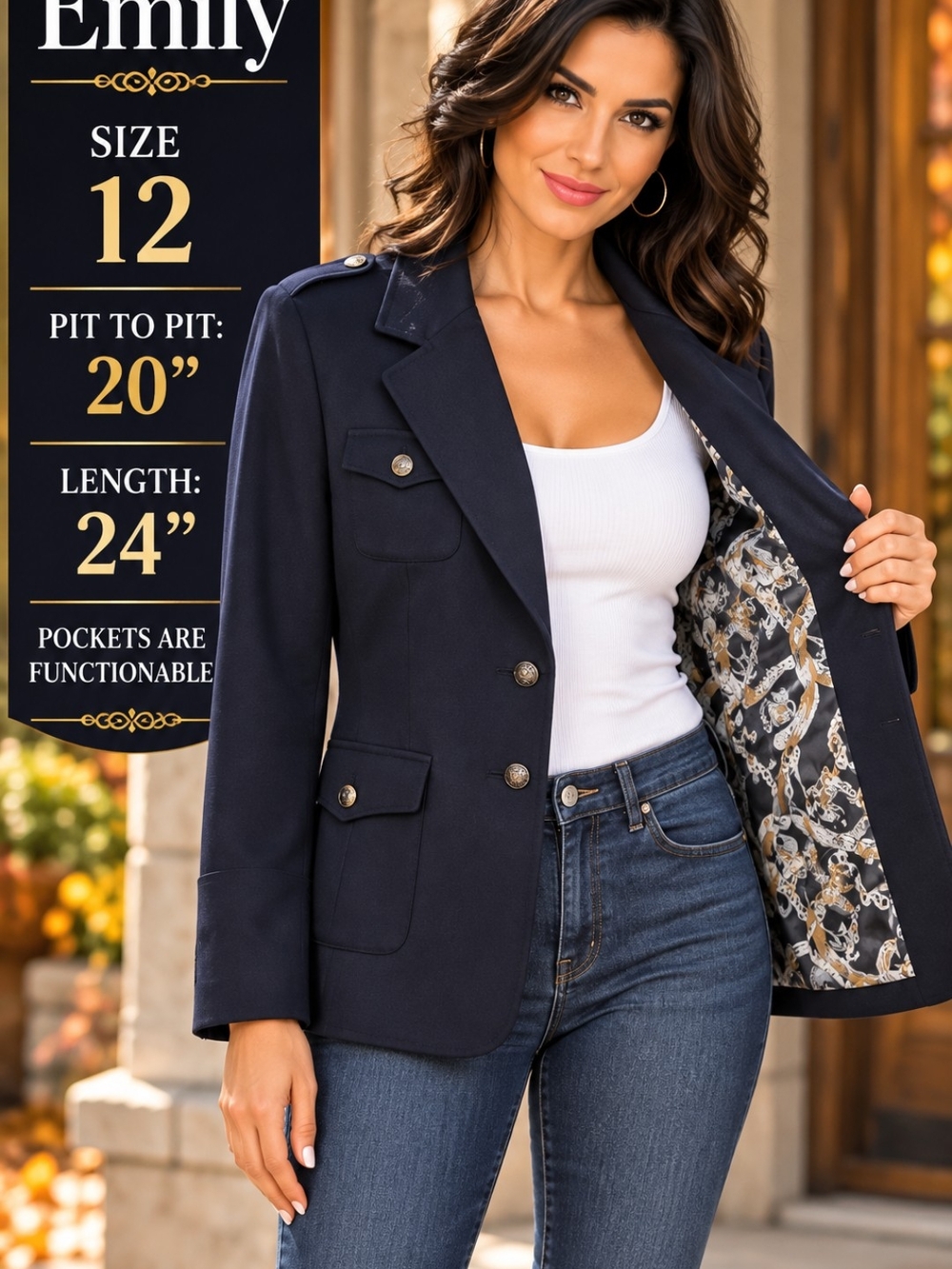Emily Navy Military-Style Blazer Jacket